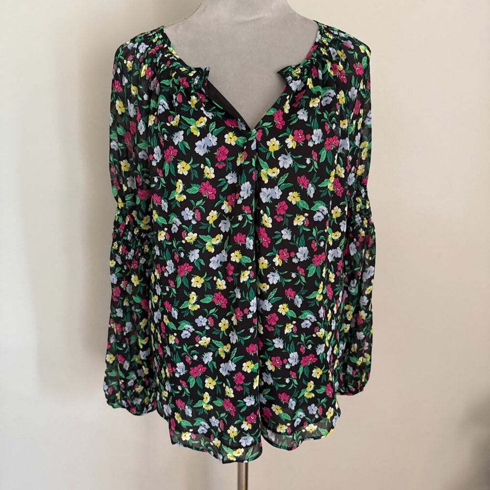 NWT Ann Taylor Womens Floral Split Neck Smocked Balloon Sleeve Blouse Top Size L